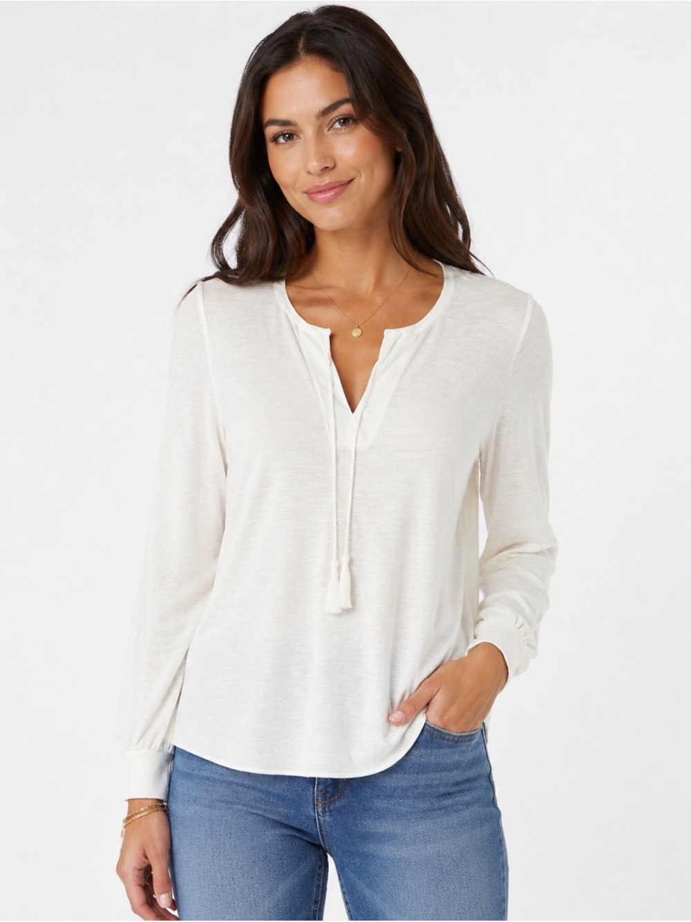 Loft NWT 100% Cotton Slit-Neck Tie Lightweight Knit Top Semi-Sheer White Size XS